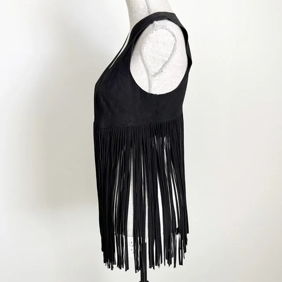 Lamarque Sonia Black Suede Leather Fringe Vest XS